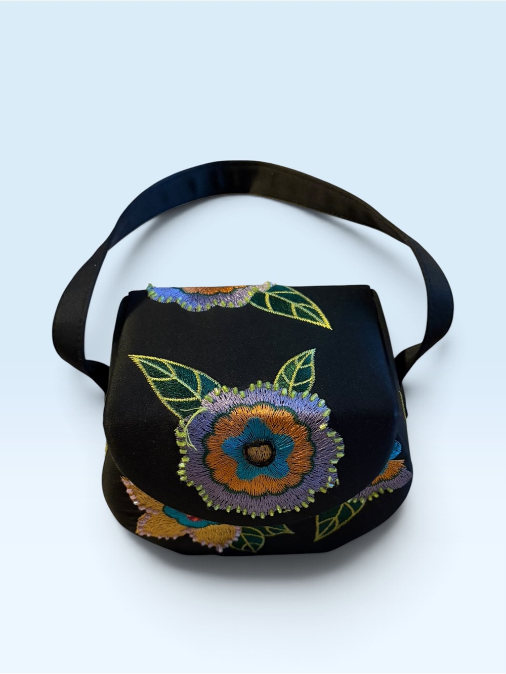Black Embroidered Floral Clutch with Wristlet Strap